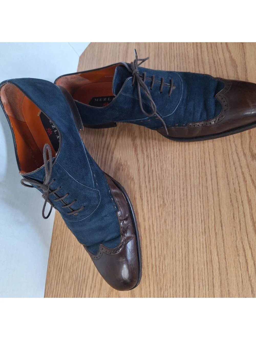 MEZLAN Men's 10.5 M Blue Suede Brown Leather Wingtip Oxford Dress Shoes Spain